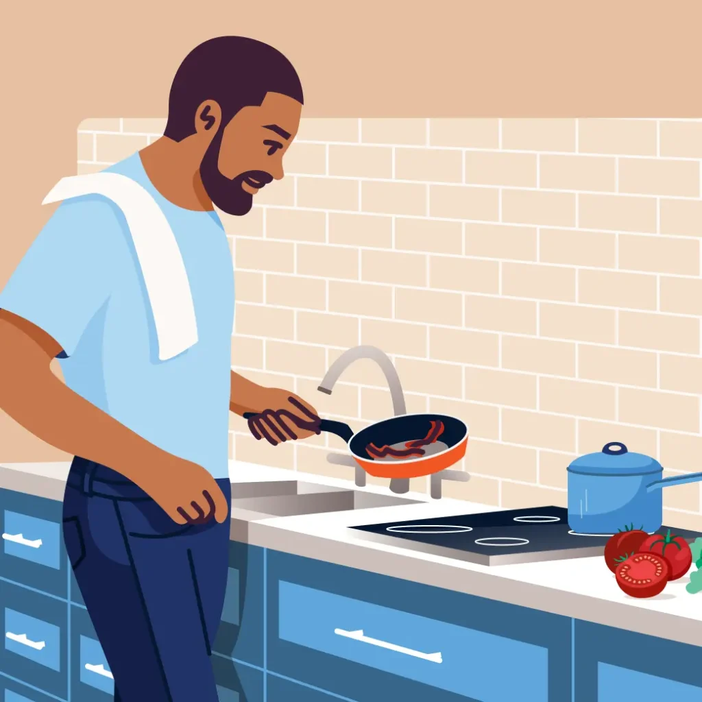 Illustration of a man cooking bacon on a stovetop in a modern kitchen.
